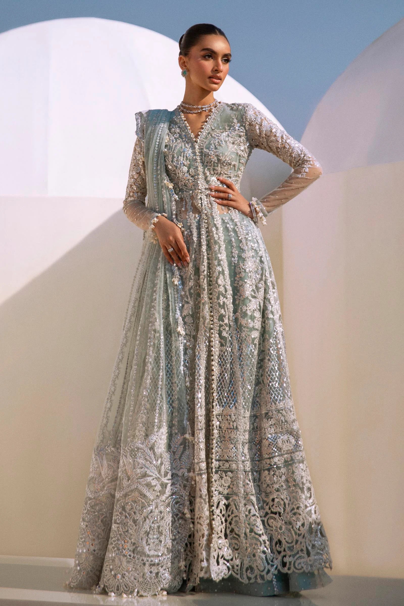 Models in Sana Safinaz N241 - 004 - 3CT luxe embellished gowns, from NURA Collection.