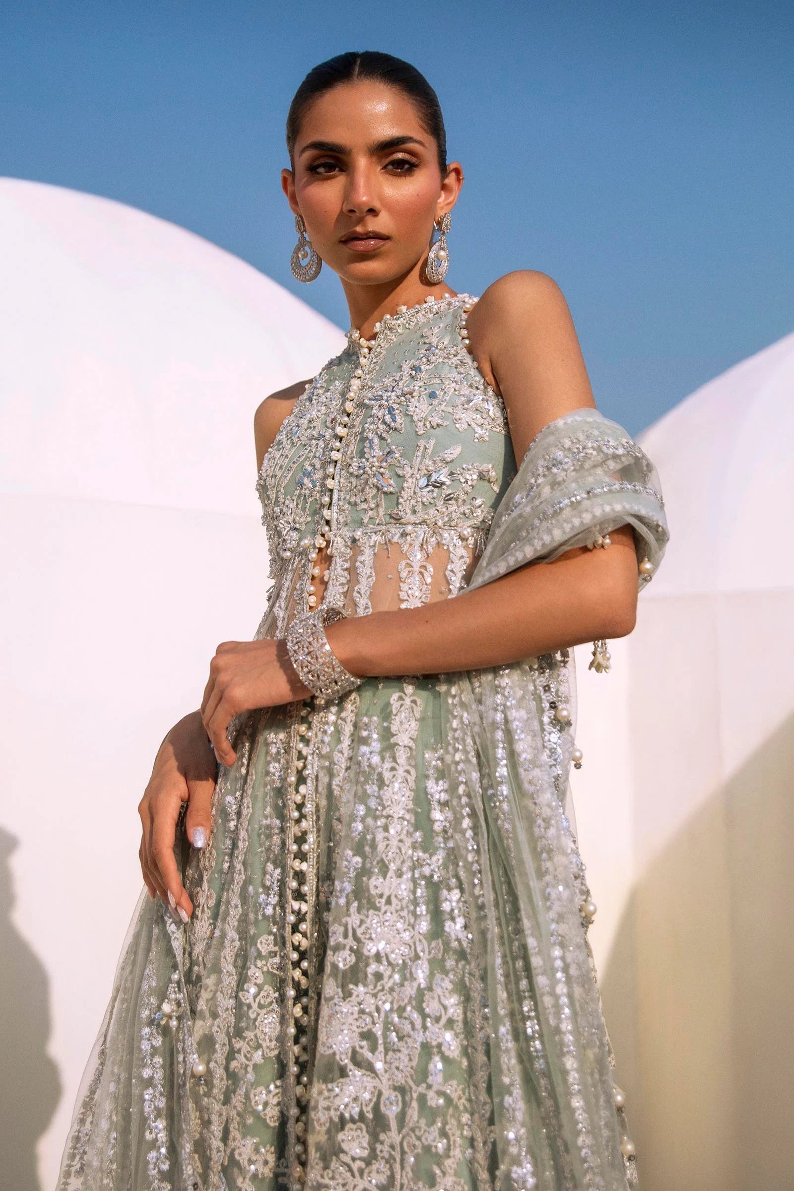 Models in Sana Safinaz N241 - 004 - 3CT luxe embellished gowns, from NURA Collection.