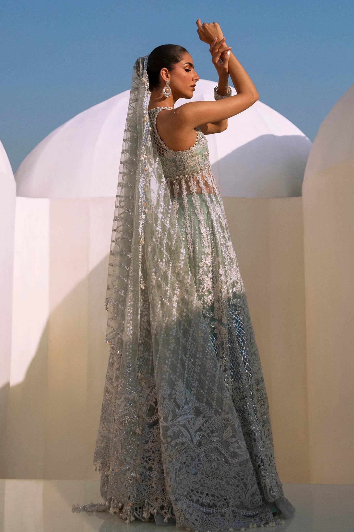 Models in Sana Safinaz N241 - 004 - 3CT luxe embellished gowns, from NURA Collection.