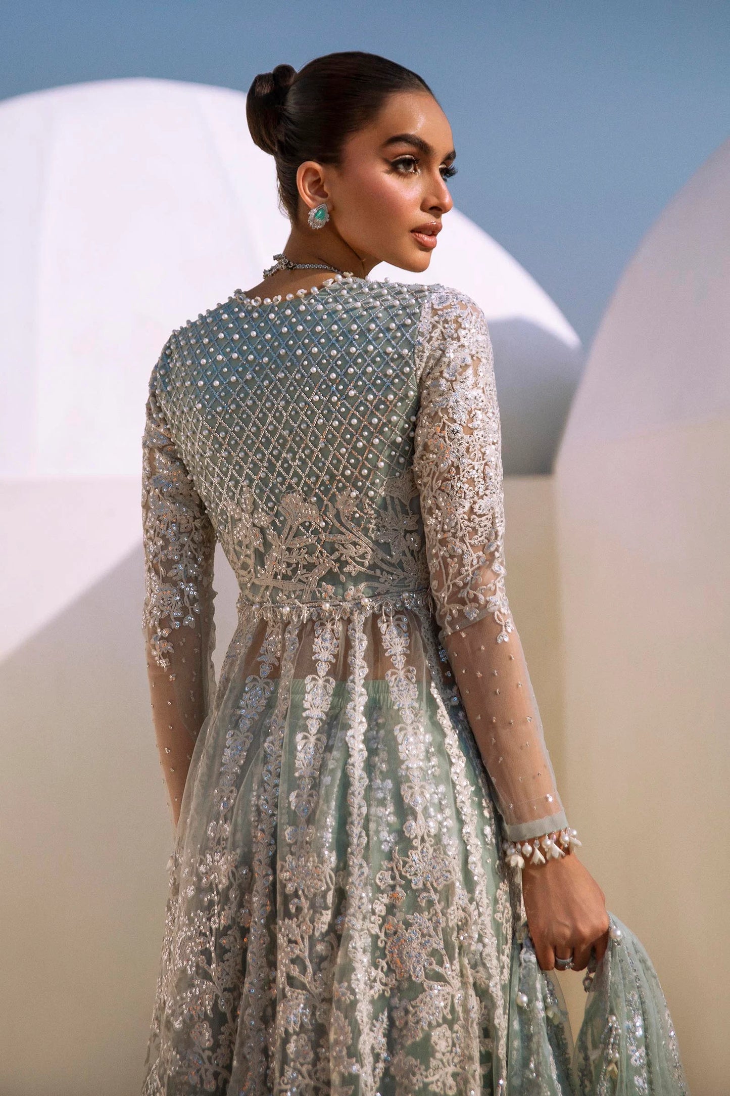 Models in Sana Safinaz N241 - 004 - 3CT luxe embellished gowns, from NURA Collection.