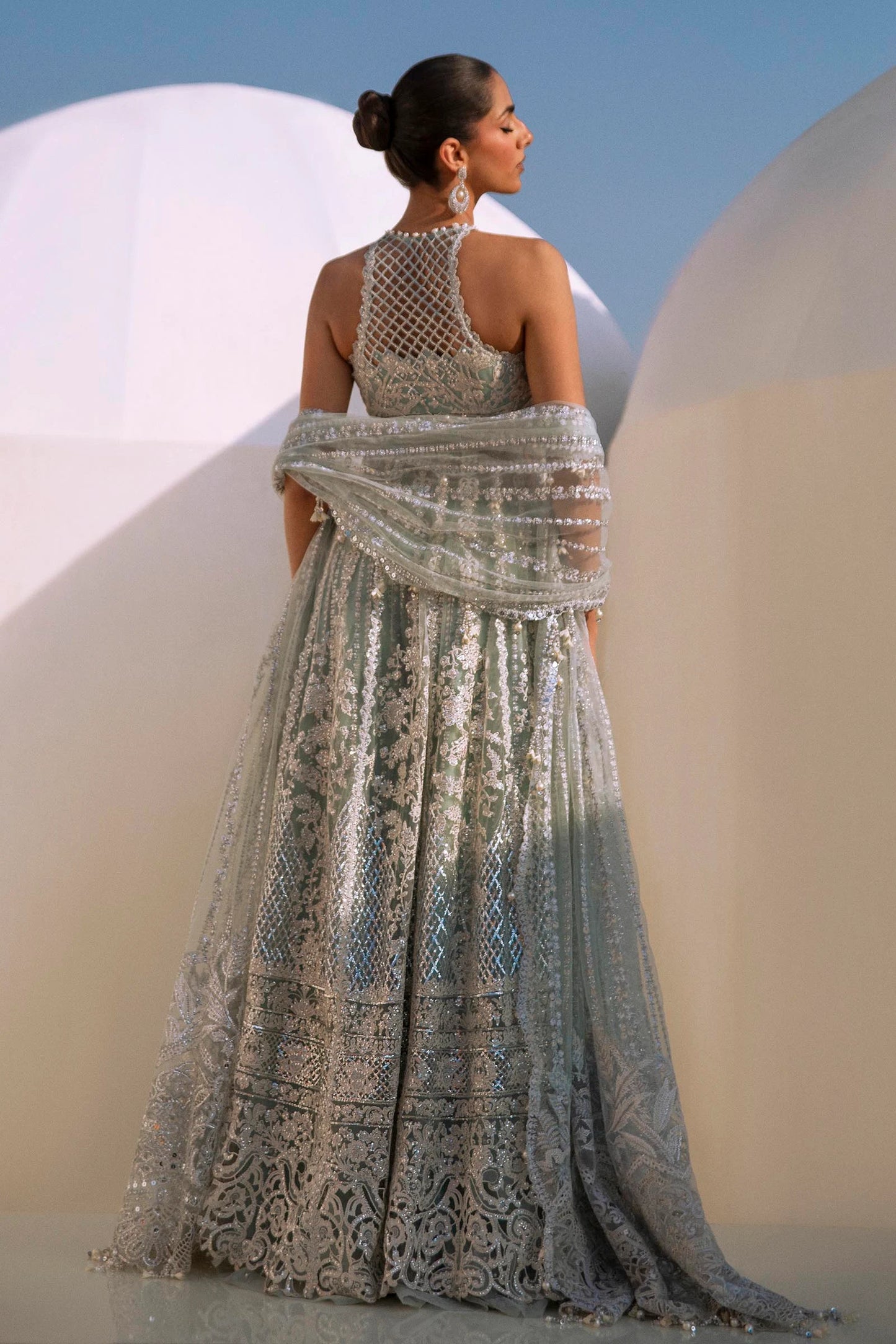 Models in Sana Safinaz N241 - 004 - 3CT luxe embellished gowns, from NURA Collection.