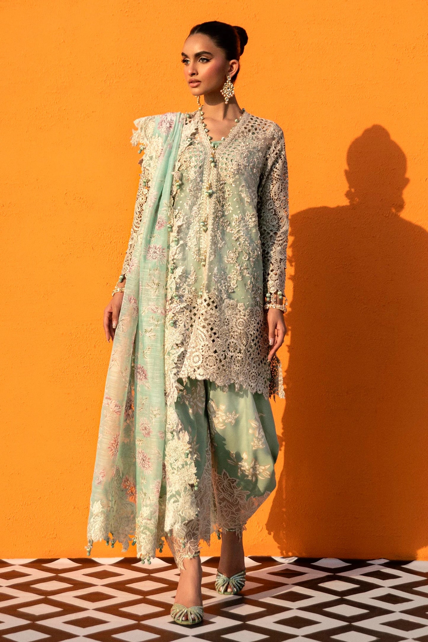 Model in Sana Safinaz N241 - 007 - 3CV mint embellished dress, Pakistani clothes UK.