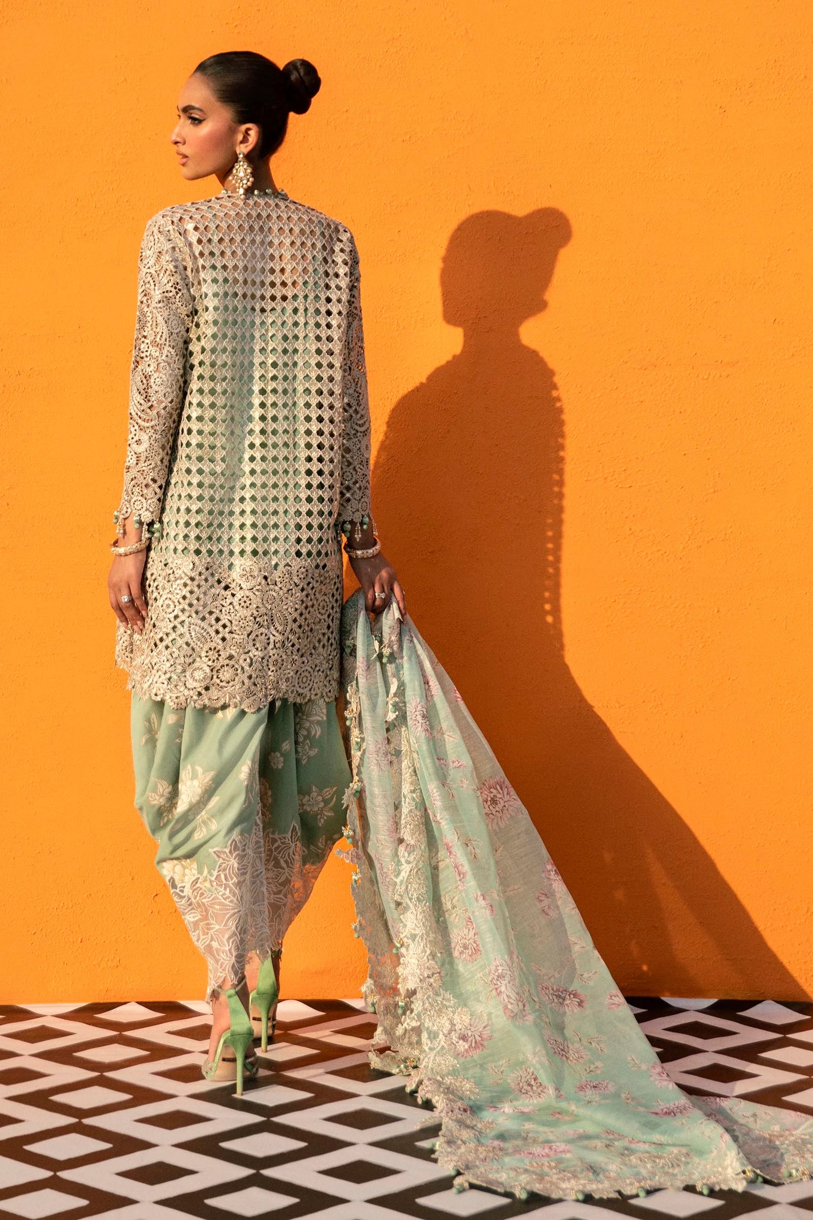 Model in Sana Safinaz N241 - 007 - 3CV mint embellished dress, Pakistani clothes UK.