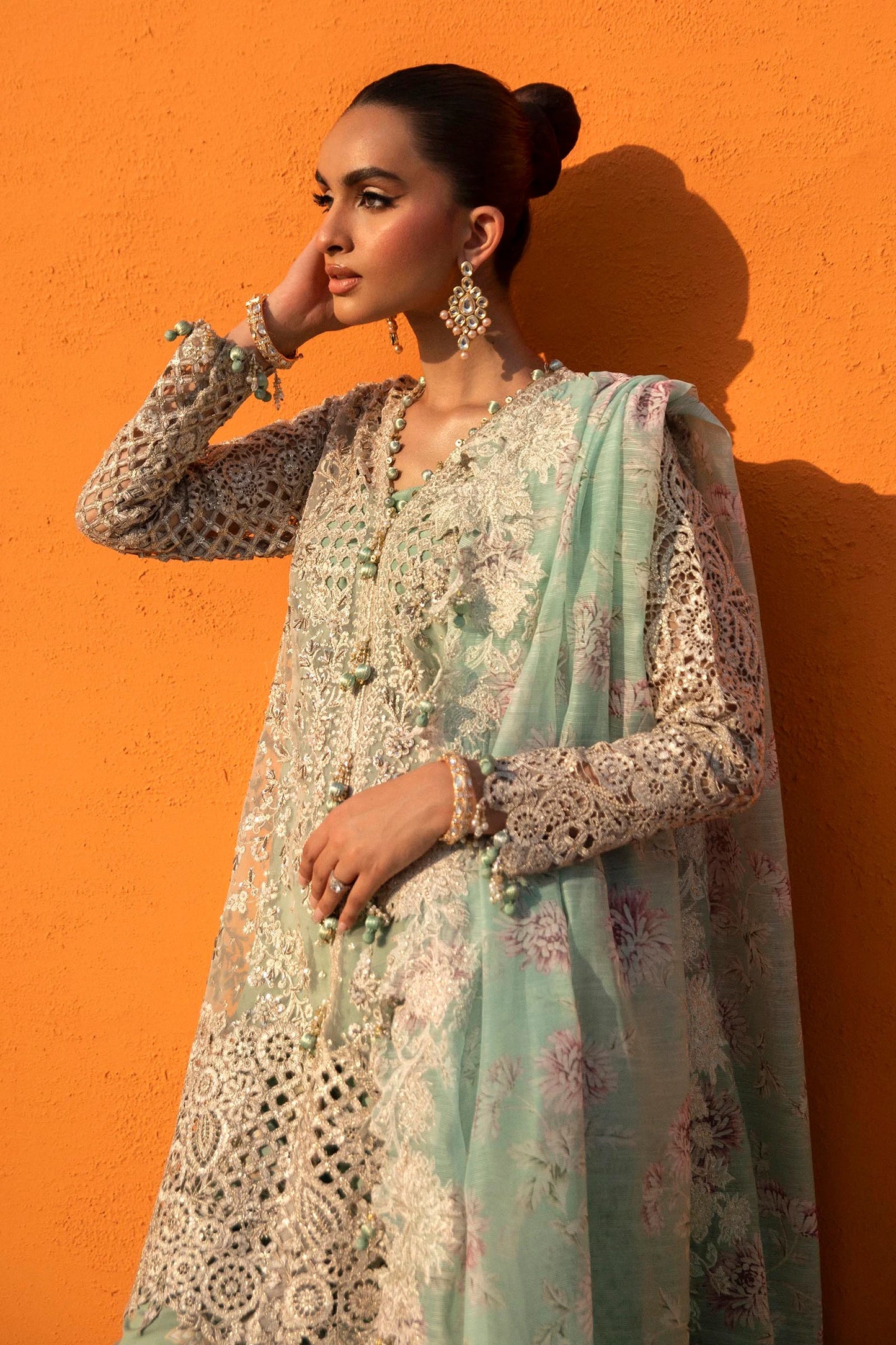 Model in Sana Safinaz N241 - 007 - 3CV mint embellished dress, Pakistani clothes UK.