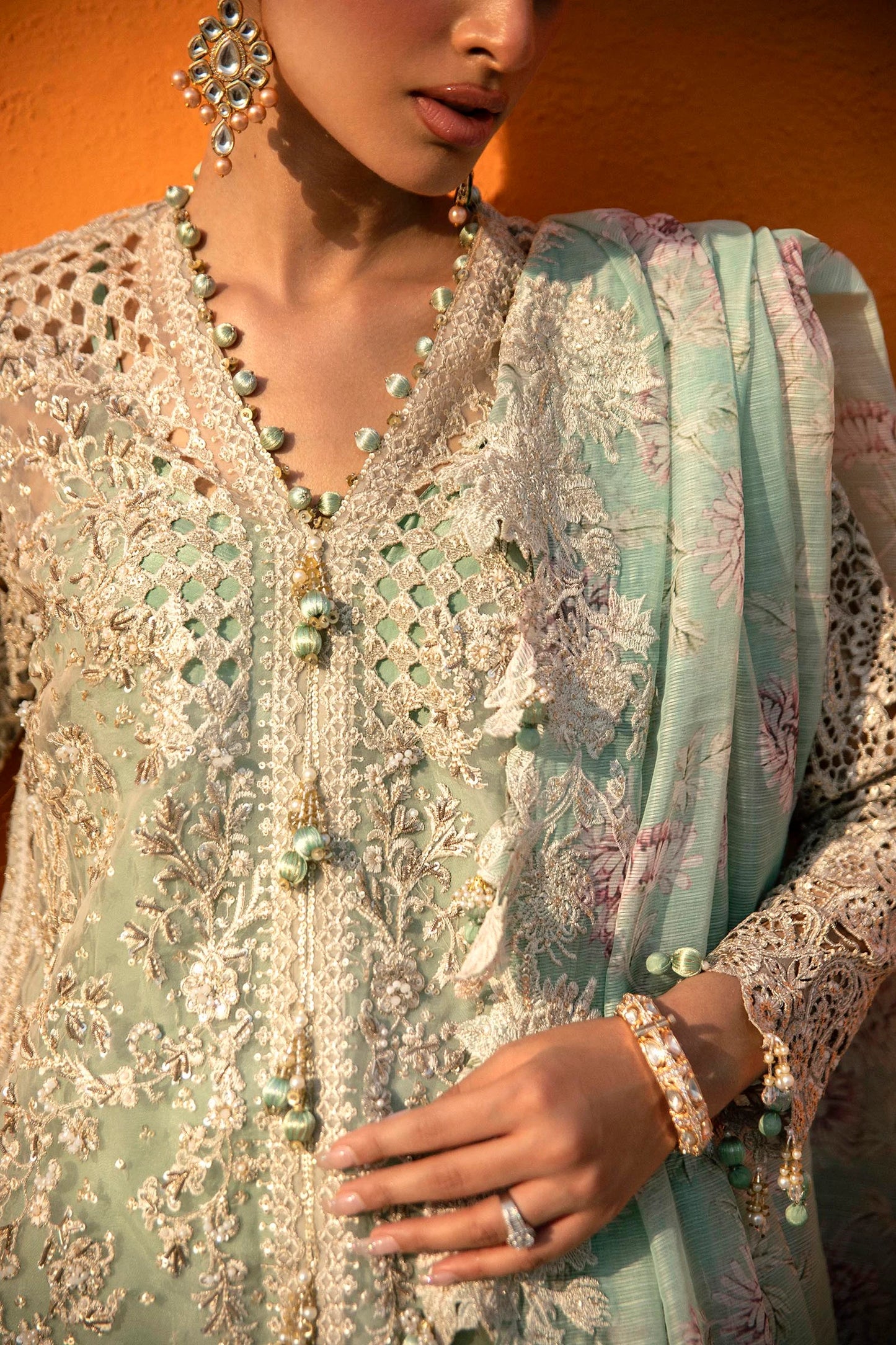 Model in Sana Safinaz N241 - 007 - 3CV mint embellished dress, Pakistani clothes UK.