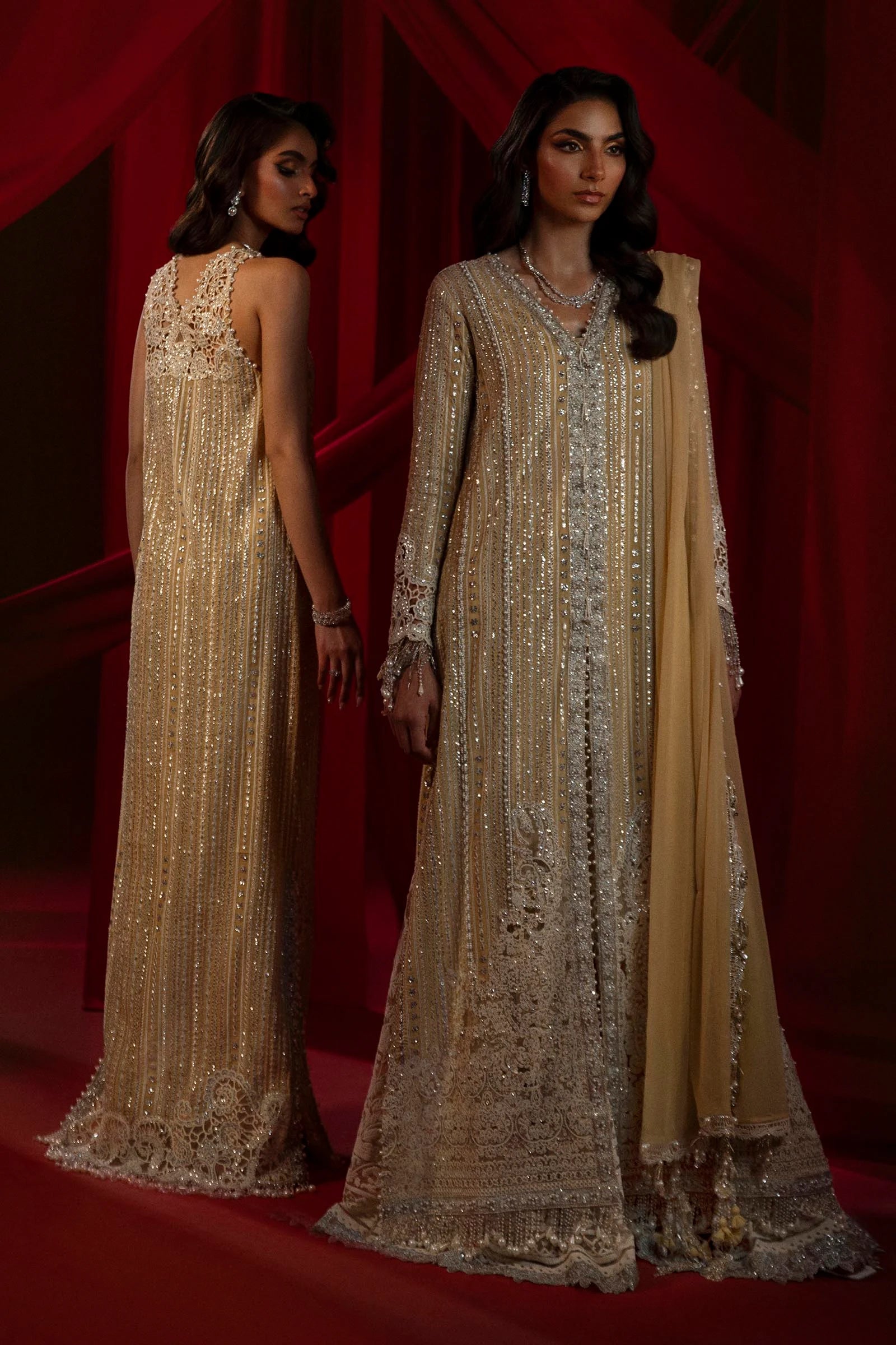 Model in Sana Safinaz gold NURA dress, highlighting luxury Pakistani attire for the UK market.