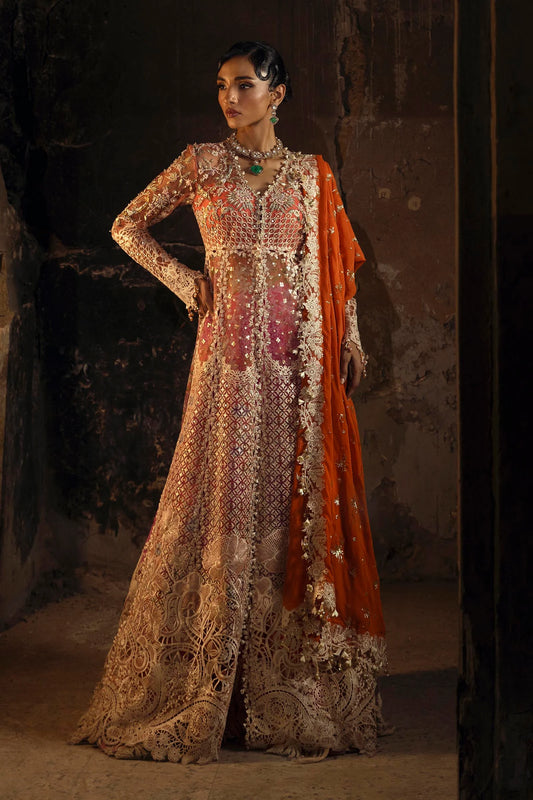 Model wearing deep coral and gold Sana Safinaz N251-002-3CX outfit with intricate embroidery and orange dupatta, Pakistani Luxury pret, Pakistani clothes online in UK.