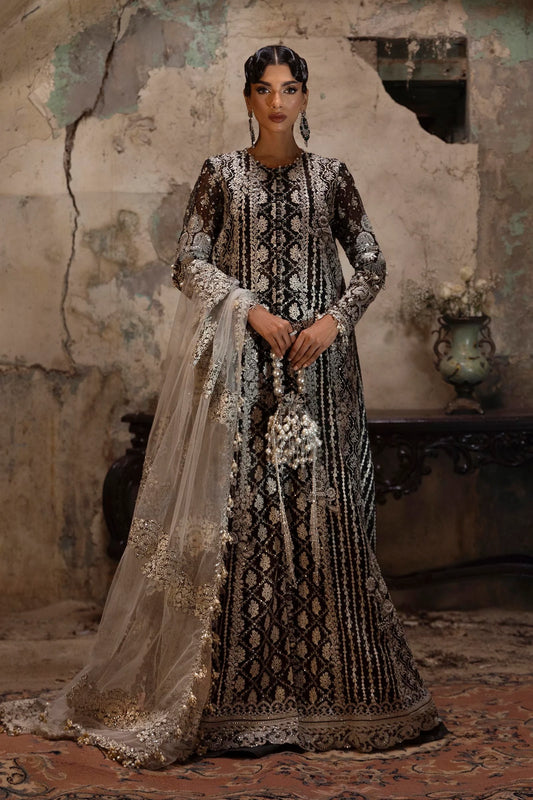 Model wearing black and silver Sana Safinaz N251-003-3CX outfit with intricate embroidery and ivory net dupatta, Pakistani Luxury pret, Pakistani clothes online in UK.