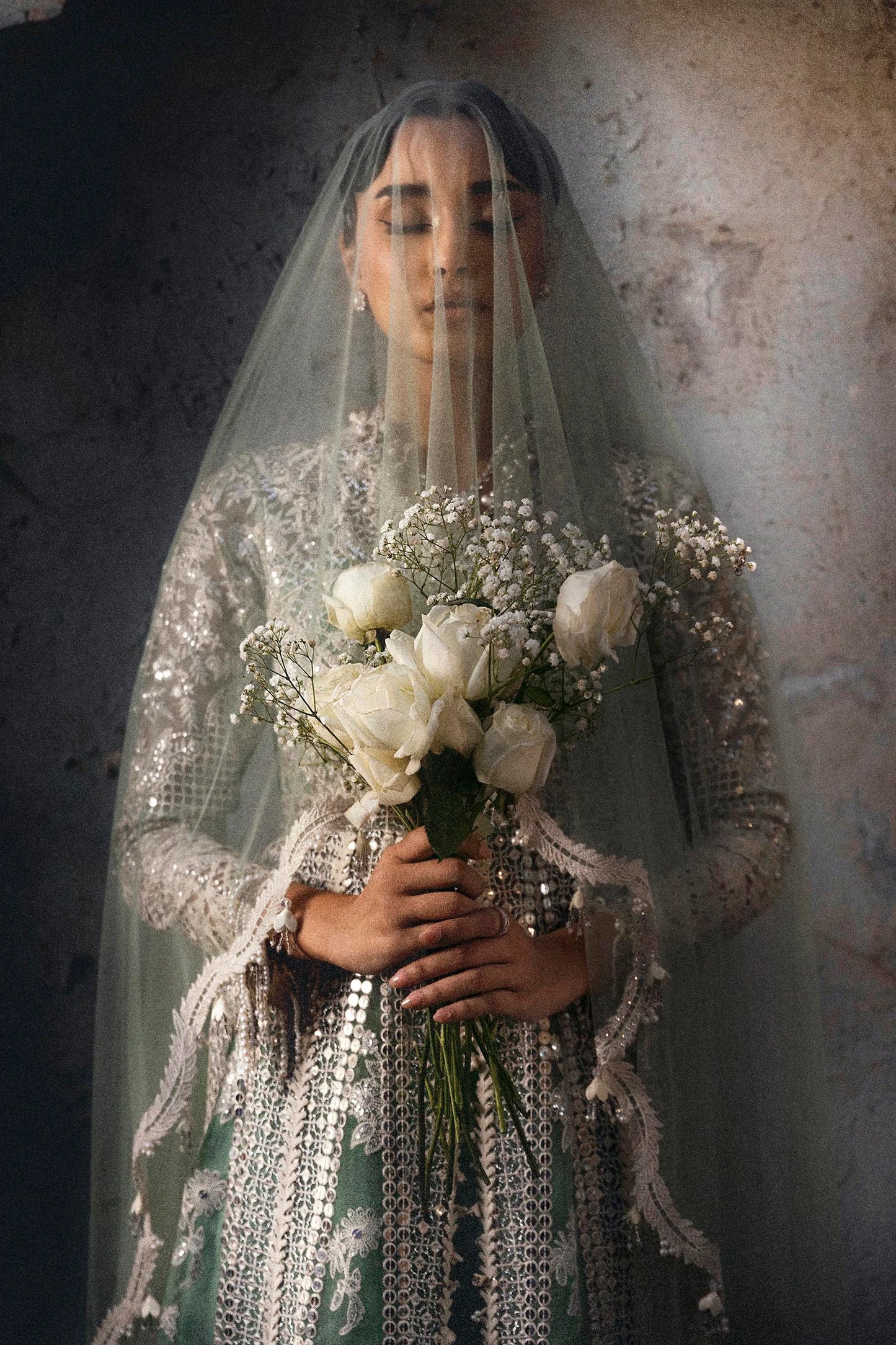 Model wearing mint green Sana Safinaz N251-005-3CX heavily embroidered gown with mirror work, Pakistani Luxury pret, Pakistani clothes online in UK.