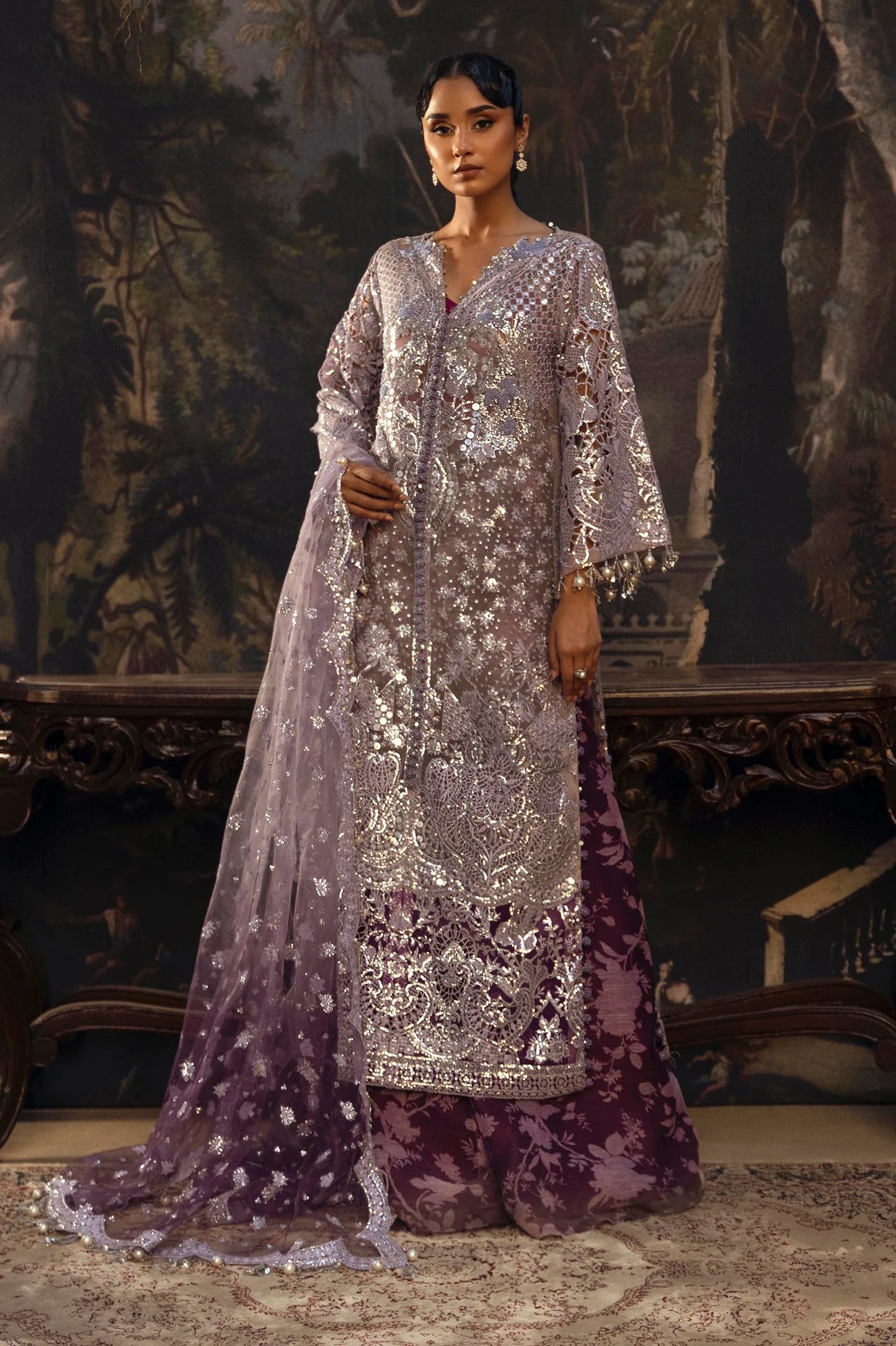 Model wearing lavender and deep purple Sana Safinaz N251-007-3DJ heavily embroidered outfit, Pakistani Luxury pret, Pakistani clothes online in UK.