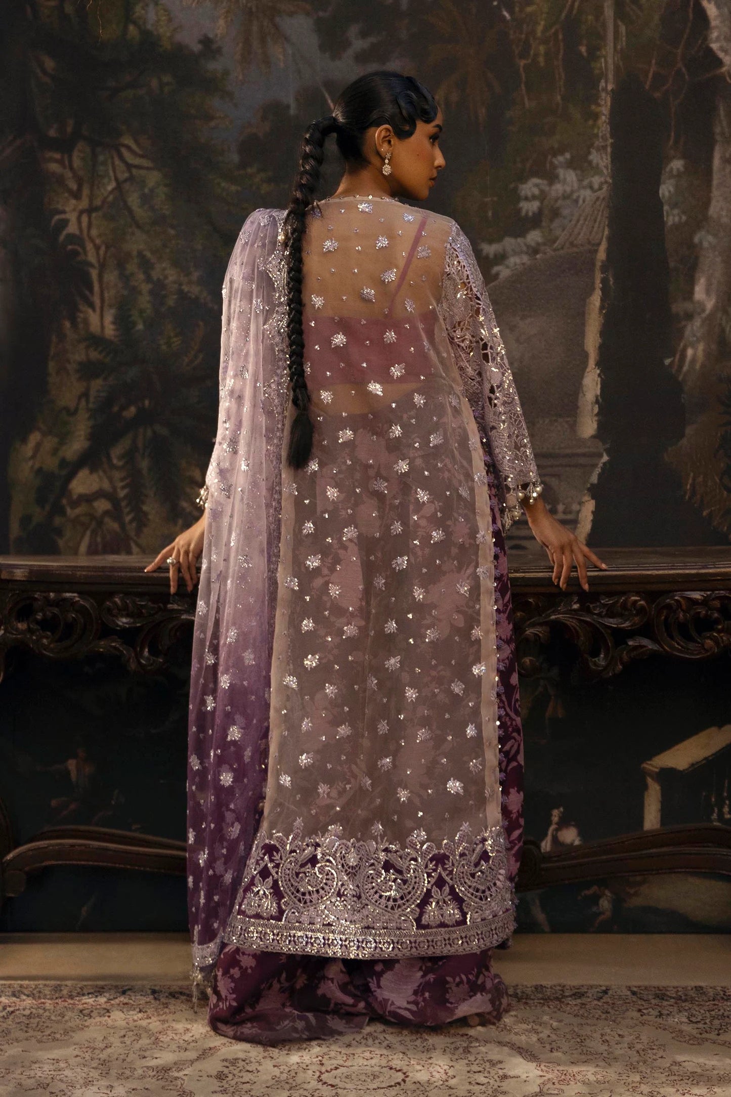 Model wearing lavender and deep purple Sana Safinaz N251-007-3DJ heavily embroidered outfit, Pakistani Luxury pret, Pakistani clothes online in UK.