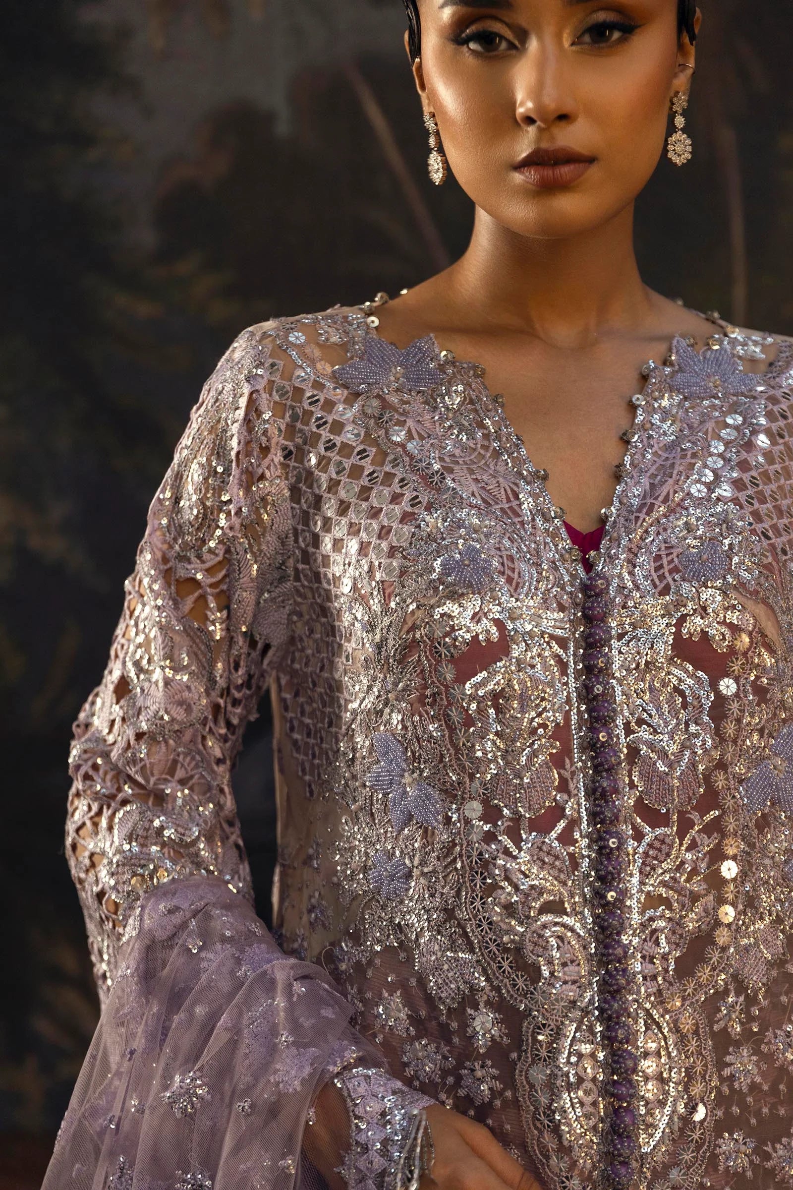 Model wearing lavender and deep purple Sana Safinaz N251-007-3DJ heavily embroidered outfit, Pakistani Luxury pret, Pakistani clothes online in UK.