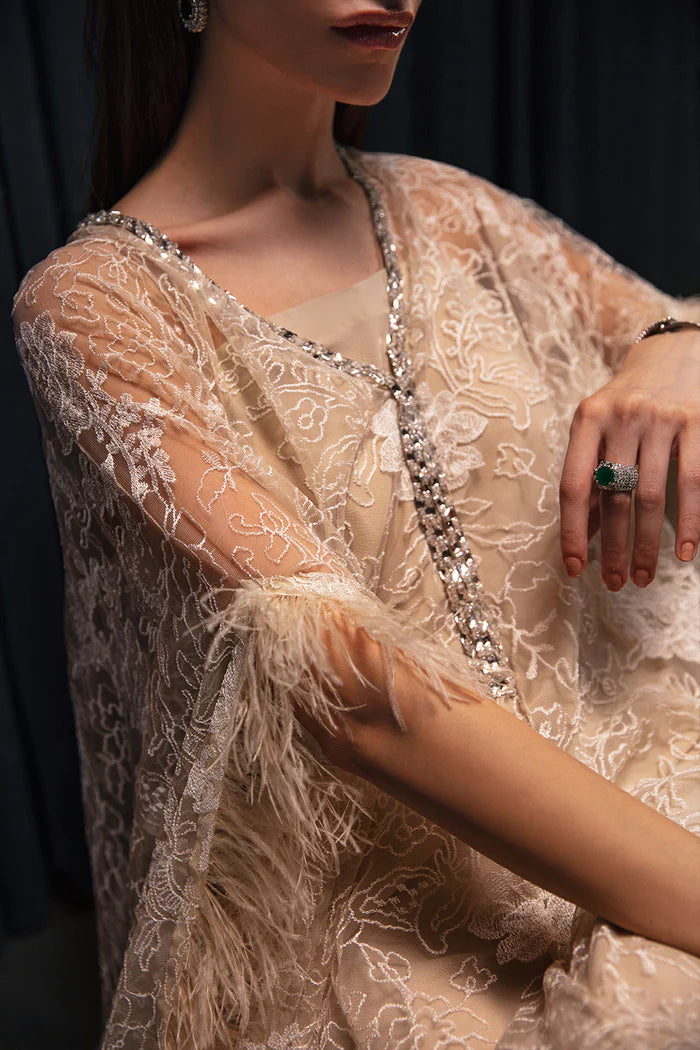 Model wearing Saira Rizwan Luxury Pret Chantilly '23 LILITH dress, showcasing Pakistani clothes online in UK.
