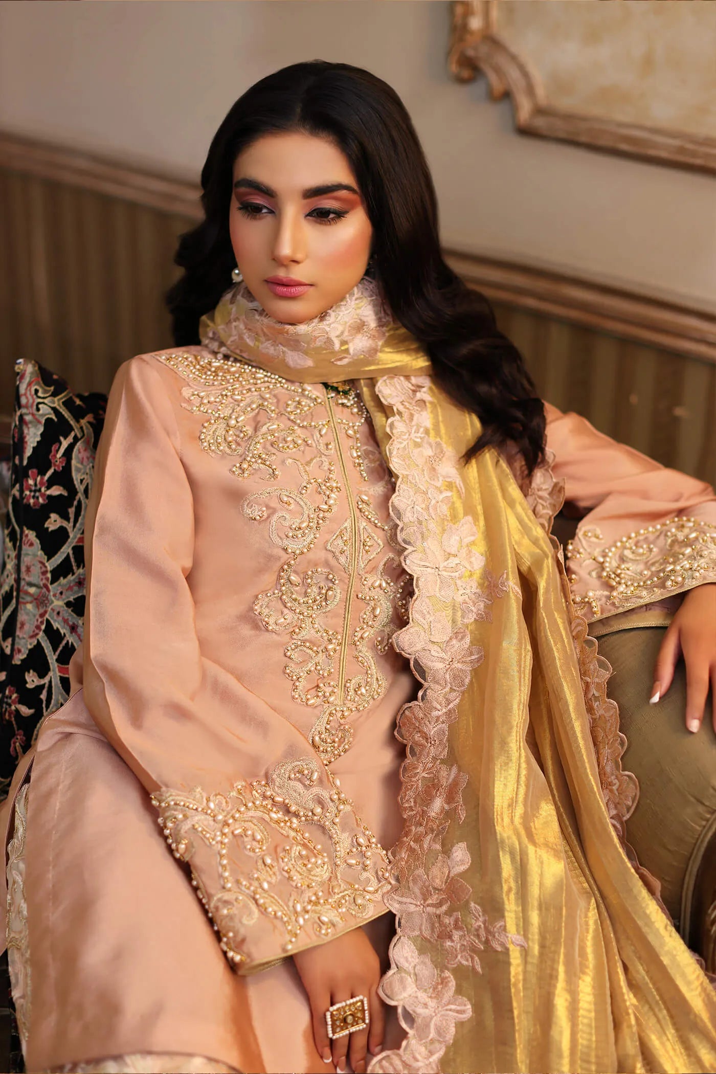 Elegant Musferah Saad CARNATION dress, Eid '24 collection, intricate embroidery, perfect for Pakistani attire in the UK.