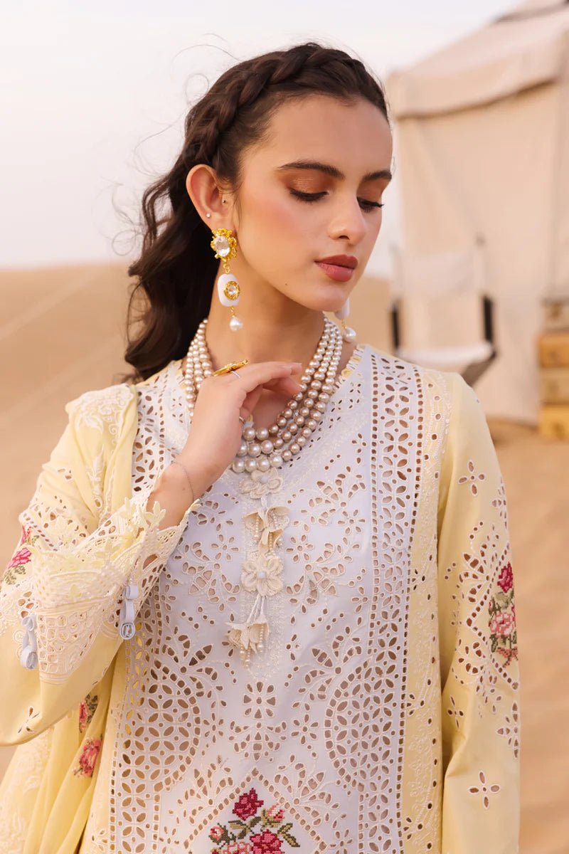 Model wearing Qalamkar CHIKANKARI EID EDIT’24 KM - 01 NIAMH dress, elegant Pakistani clothes online in the UK.