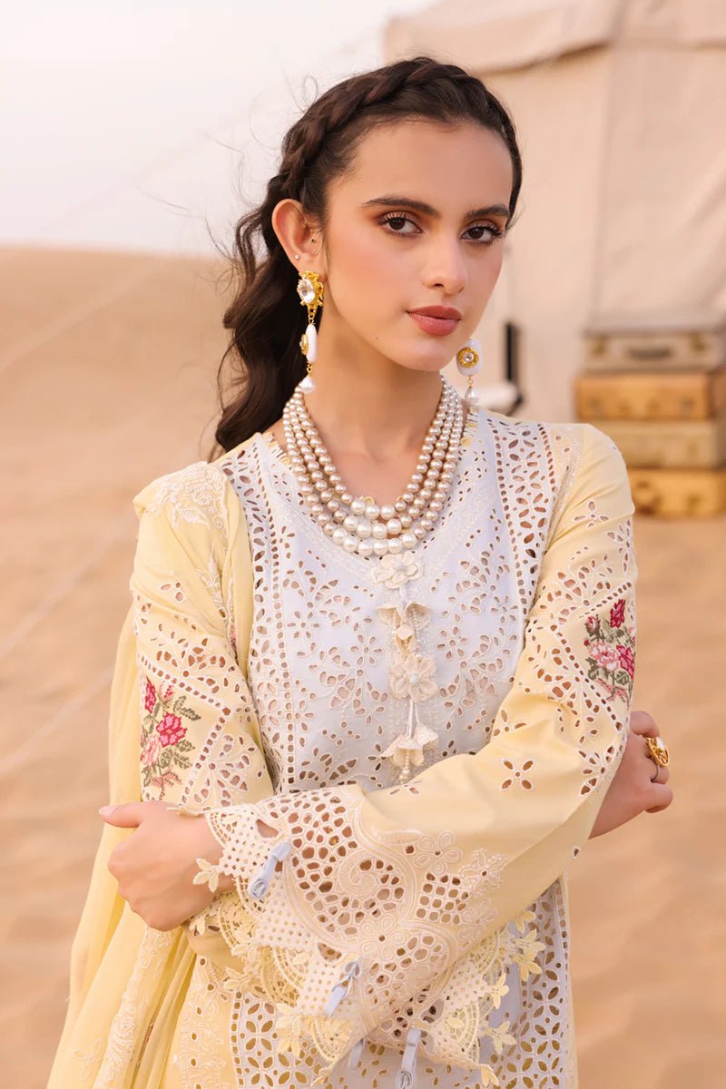 Model wearing Qalamkar CHIKANKARI EID EDIT’24 KM - 01 NIAMH dress, elegant Pakistani clothes online in the UK.