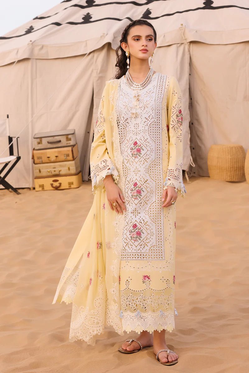 Model wearing Qalamkar KM - 01 NIAMH dress, yellow chikankari Pakistani clothes UK.