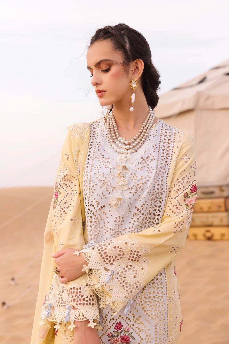 Model wearing Qalamkar CHIKANKARI EID EDIT’24 KM - 01 NIAMH dress, elegant Pakistani clothes online in the UK.