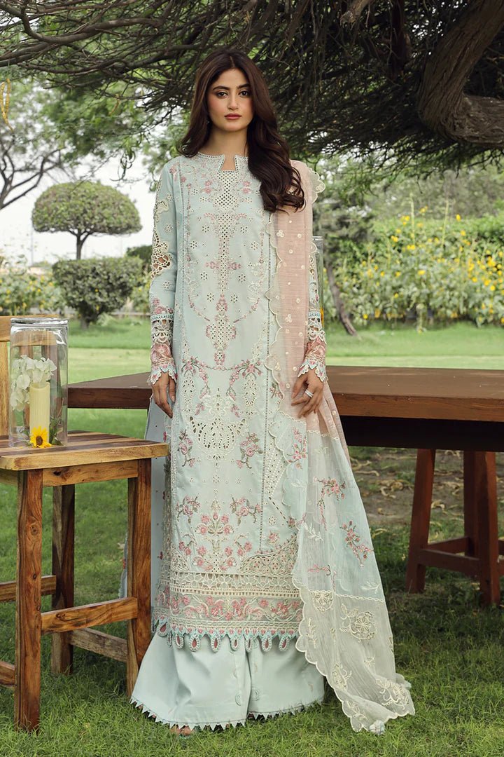 Model in elegant ALIZAY dress by Qalamkar, perfect for Eid celebrations. Shop Pakistani lawn dresses in the UK!