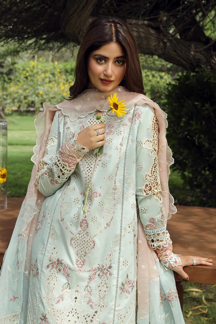 Model in elegant ALIZAY dress by Qalamkar, perfect for Eid celebrations. Shop Pakistani lawn dresses in the UK!