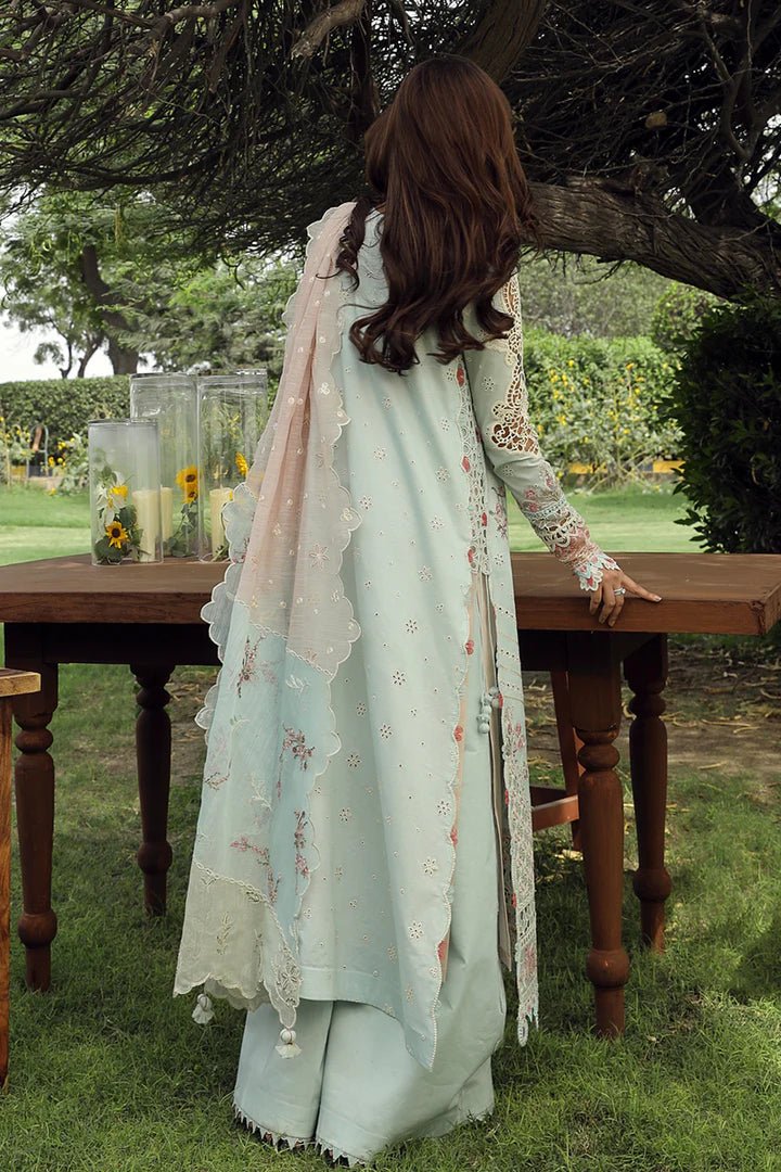 Model in elegant ALIZAY dress by Qalamkar, perfect for Eid celebrations. Shop Pakistani lawn dresses in the UK!