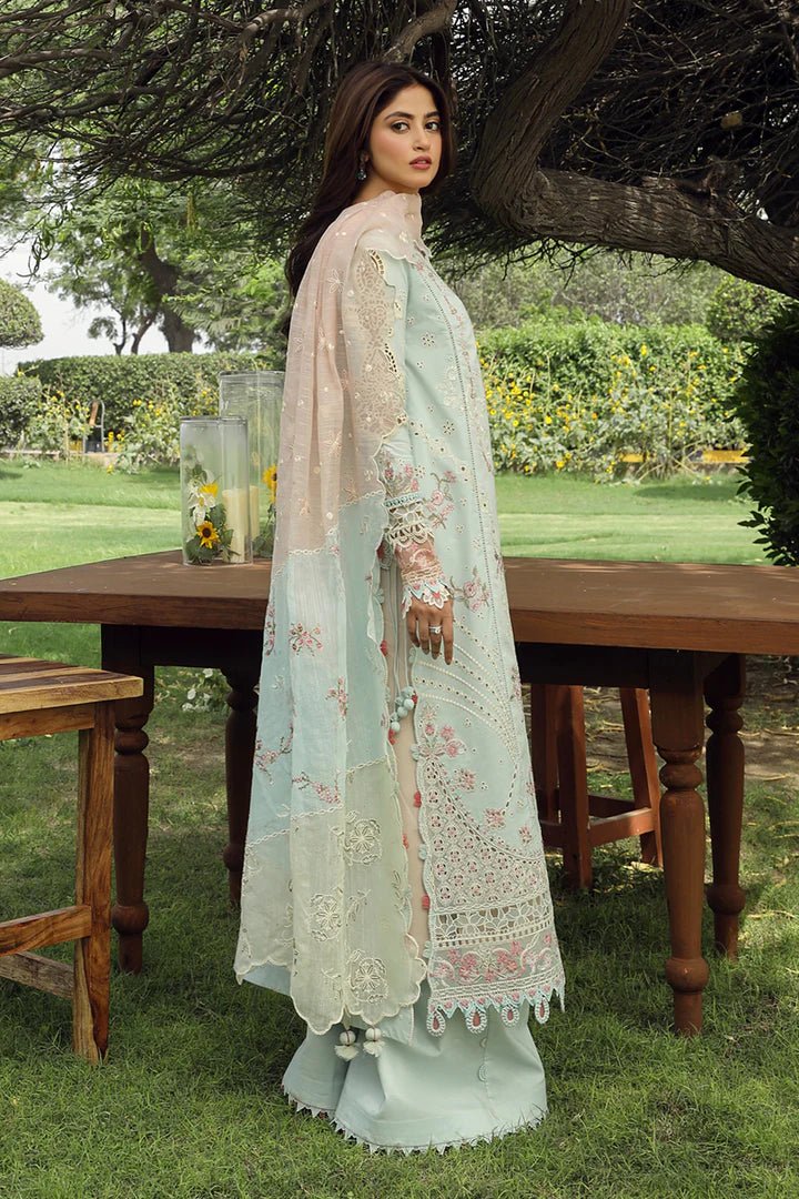 Model in elegant ALIZAY dress by Qalamkar, perfect for Eid celebrations. Shop Pakistani lawn dresses in the UK!