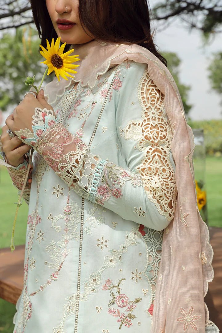 Model in elegant ALIZAY dress by Qalamkar, perfect for Eid celebrations. Shop Pakistani lawn dresses in the UK!