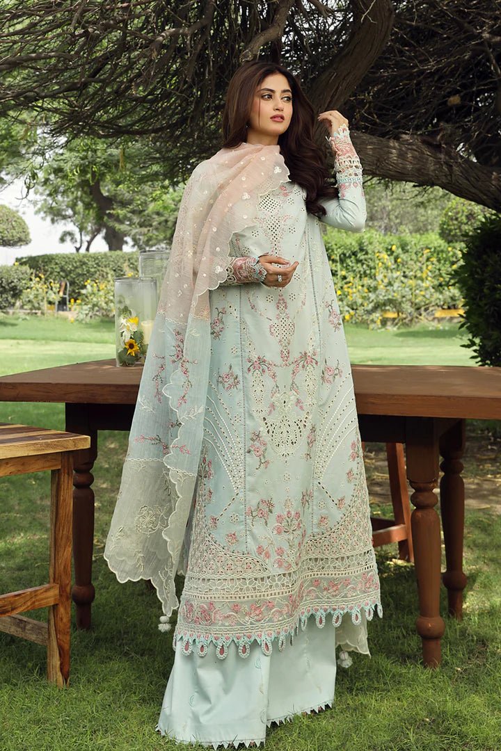 Model in elegant ALIZAY dress by Qalamkar, perfect for Eid celebrations. Shop Pakistani lawn dresses in the UK!