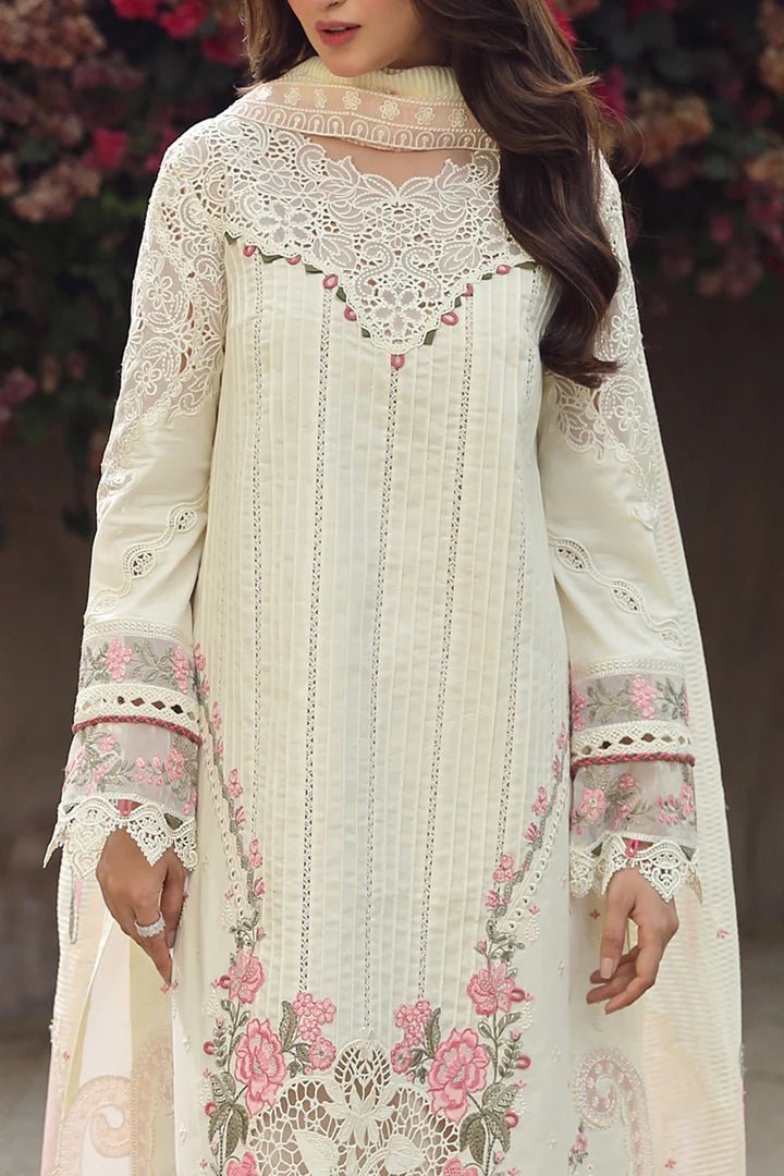 Model showcasing exquisite AMAAR dress by Qalamkar, perfect for Eid celebrations. Shop Pakistani lawn dresses in the UK!