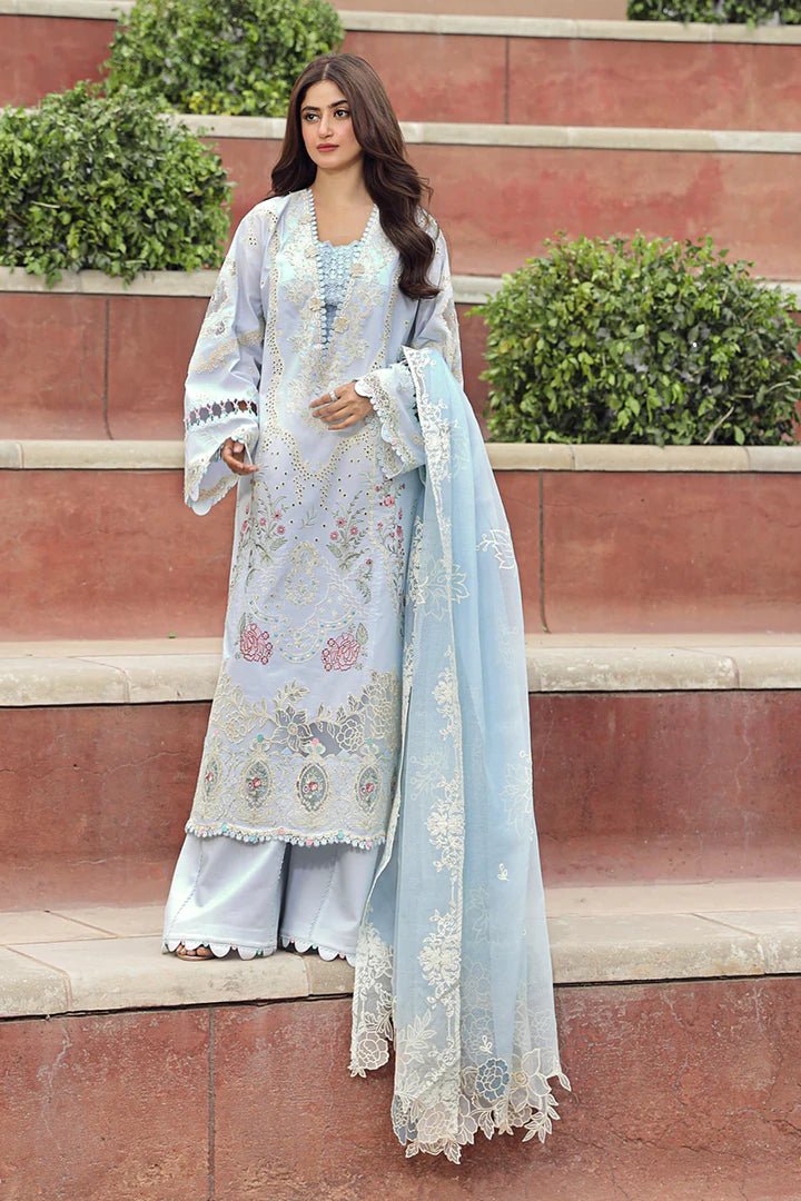 Model wearing elegant ZAIB dress by Qalamkar, showcasing Pakistani lawn attire for Eid. Get festive Pakistani clothes in the UK!