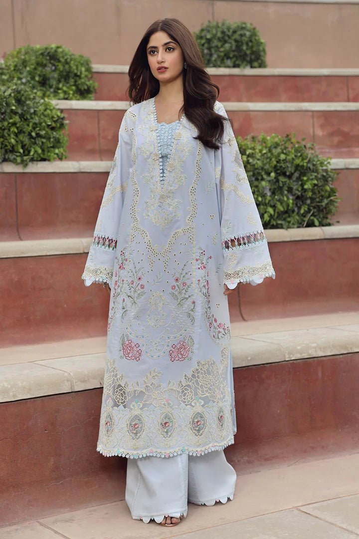 Model wearing elegant ZAIB dress by Qalamkar, showcasing Pakistani lawn attire for Eid. Get festive Pakistani clothes in the UK!