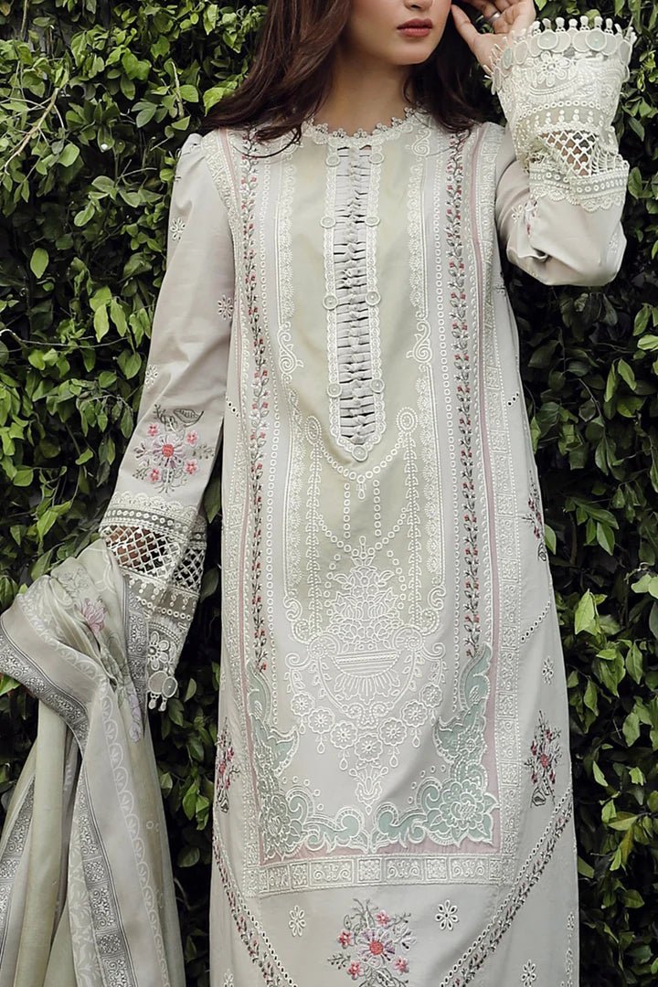 Model wearing Qalamkar PS - 11 Rinnah dress in bright pink, featuring intricate white embroidery, ideal for Pakistani lawn dresses and Eid clothes in the UK.