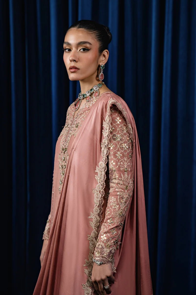 Model wearing Qalamkar Luxe Pret CR - 01 NYLA dress, showcasing elegant Pakistani clothes online in the UK.