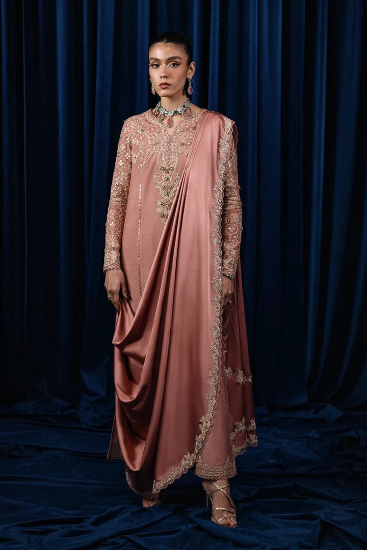 Model wearing Qalamkar CR - 01 NYLA dress, blush pink Pakistani designer attire, luxe pret in UK.