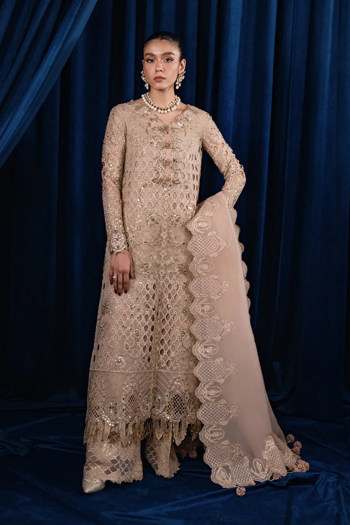 Model wearing Qalamkar CR - 02 MARIYA dress, elegant beige Pakistani designer attire, luxe pret in UK.