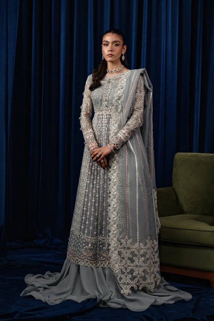 Model wearing Qalamkar CR - 03 NOURA dress, elegant grey Pakistani designer attire, luxe pret in UK.