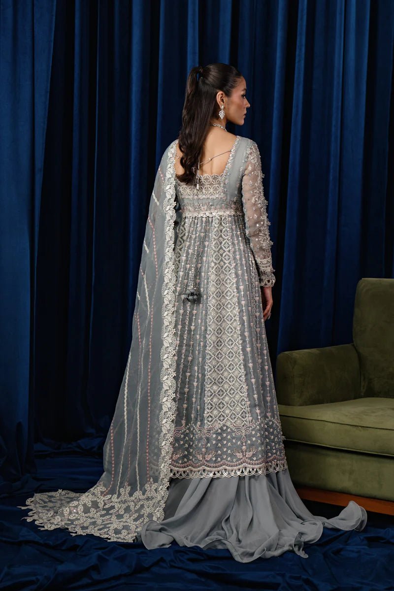 Model wearing Qalamkar Luxe Pret CR - 03 NOURA dress, showcasing stylish Pakistani clothes online in the UK.