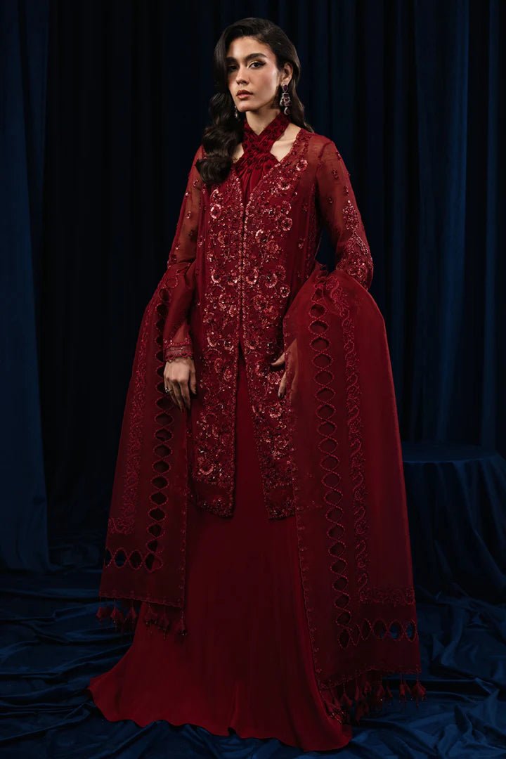 Model wearing Qalamkar CR - 04 RIYA dress, deep red Pakistani designer attire, luxe pret in UK.