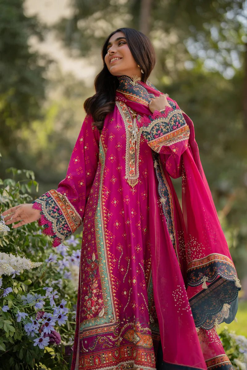 Model wearing UA - 01 Elia from Qalamkar's Luxe Silk '24, featuring luxurious silk fabric and elegant design. Pakistani clothes online in UK.