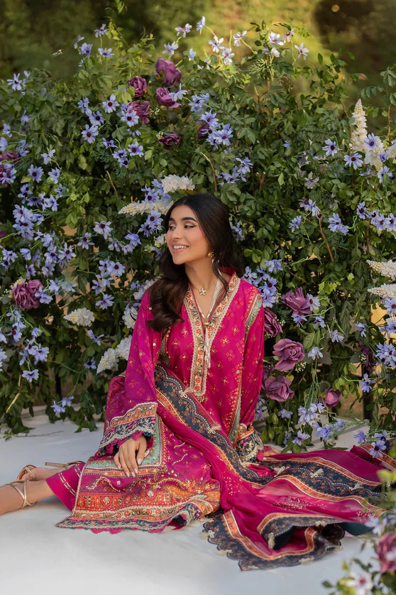 Model wearing UA - 01 Elia from Qalamkar's Luxe Silk '24, featuring luxurious silk fabric and elegant design. Pakistani clothes online in UK.