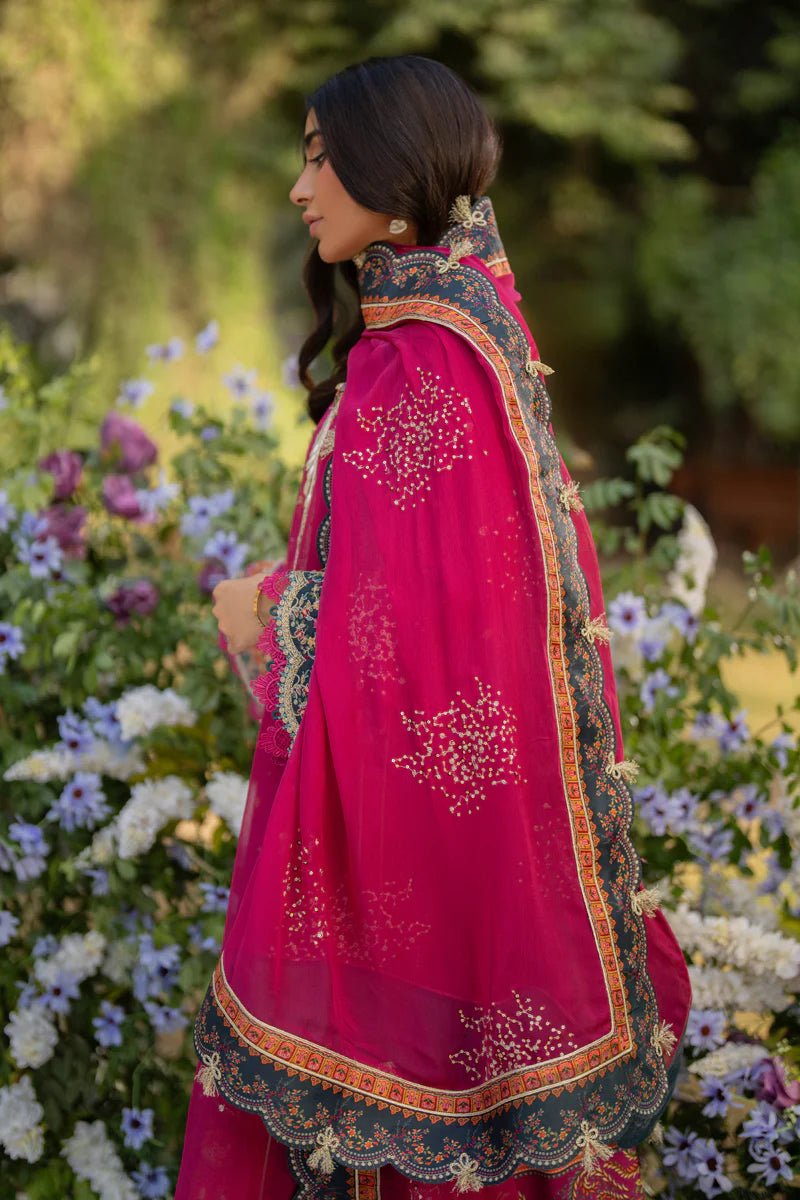 Model wearing UA - 01 Elia from Qalamkar's Luxe Silk '24, featuring luxurious silk fabric and elegant design. Pakistani clothes online in UK.