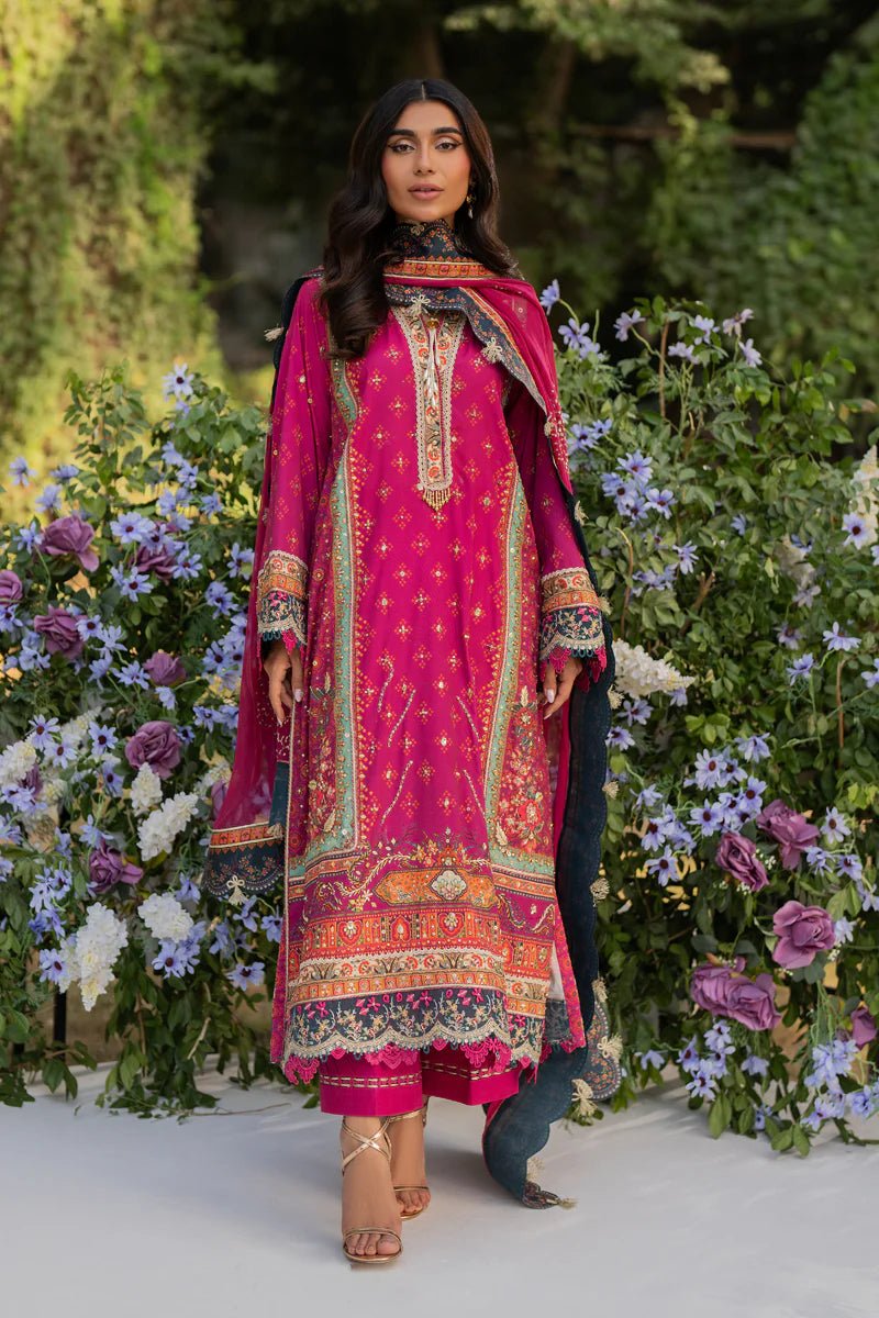 Model wearing UA - 01 Elia from Qalamkar's Luxe Silk '24, featuring luxurious silk fabric and elegant design. Pakistani clothes online in UK.