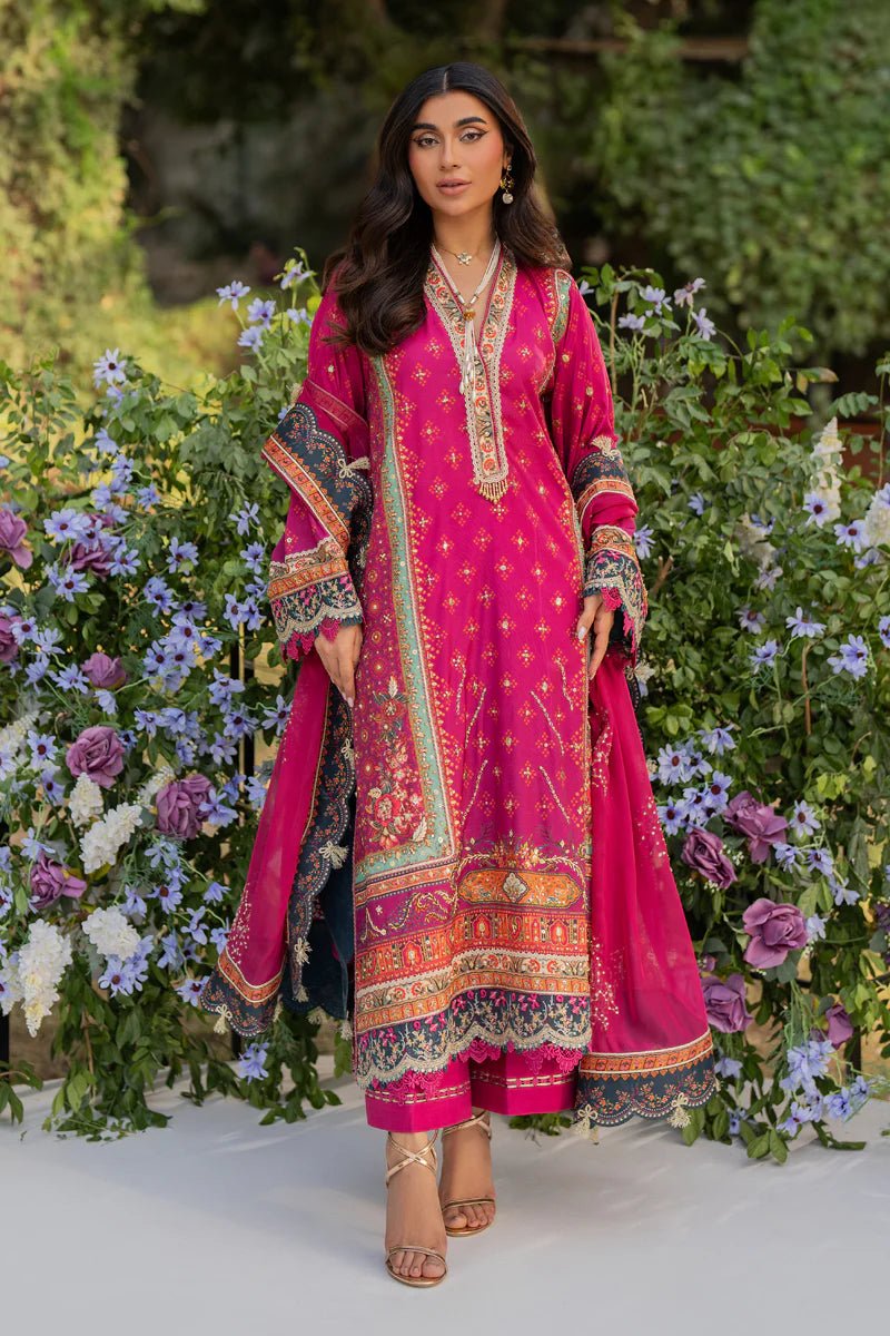 Model wearing UA - 01 Elia from Qalamkar's Luxe Silk '24, featuring luxurious silk fabric and elegant design. Pakistani clothes online in UK.