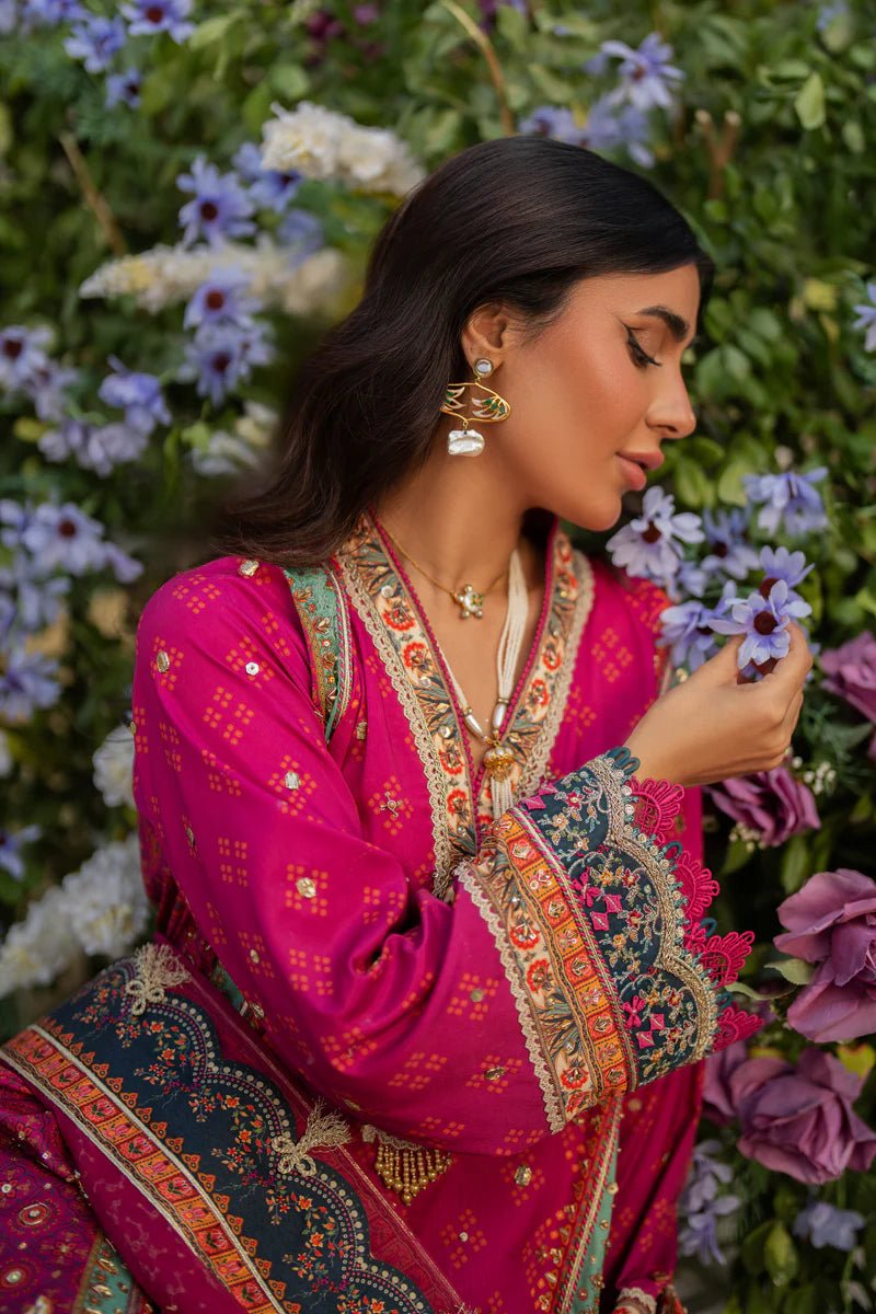 Model wearing UA - 01 Elia from Qalamkar's Luxe Silk '24, featuring luxurious silk fabric and elegant design. Pakistani clothes online in UK.