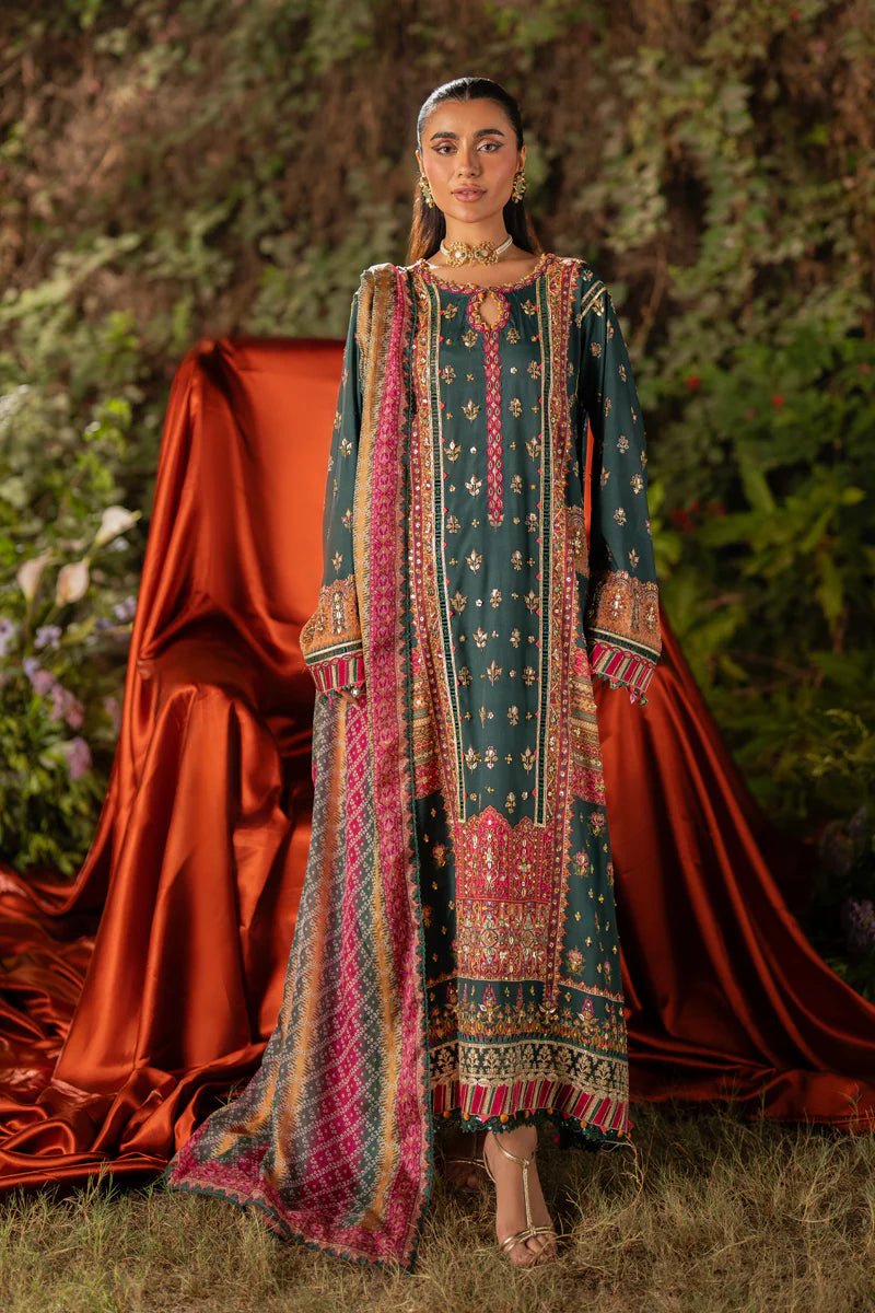 Model wearing UA - 02 NINA from Qalamkar's Luxe Silk '24 collection, showcasing luxury pret design. Pakistani clothes online in UK.