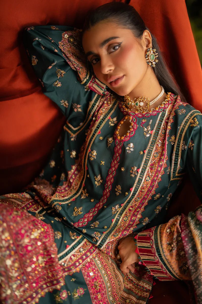 Model wearing UA - 02 NINA from Qalamkar's Luxe Silk '24 collection, showcasing luxury pret design. Pakistani clothes online in UK.