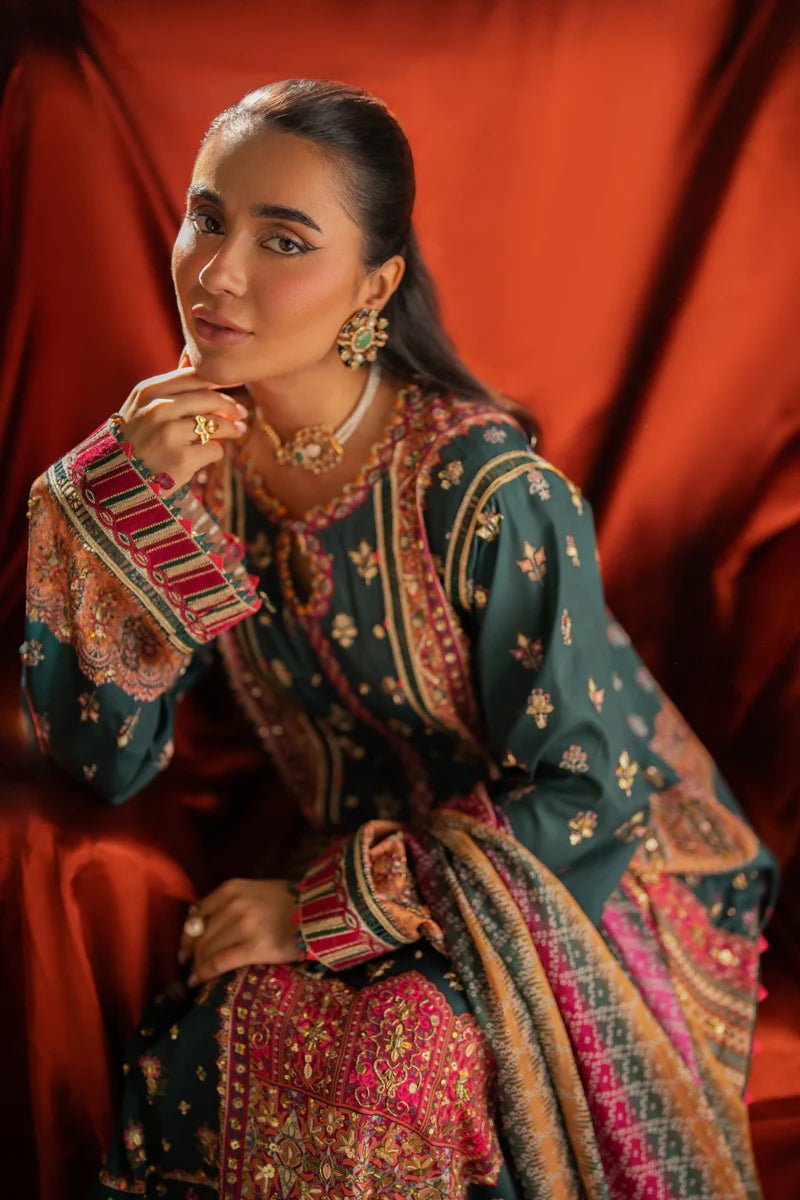 Model wearing UA - 02 NINA from Qalamkar's Luxe Silk '24 collection, showcasing luxury pret design. Pakistani clothes online in UK.