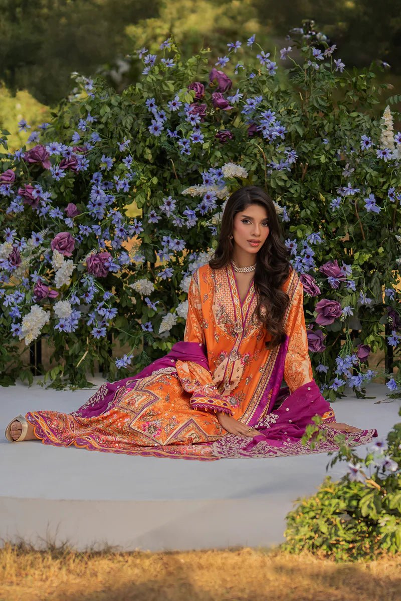 Model wearing UA - 03 ALMA from Qalamkar's Luxe Silk '24 collection, featuring a luxurious design. Pakistani clothes online in UK.