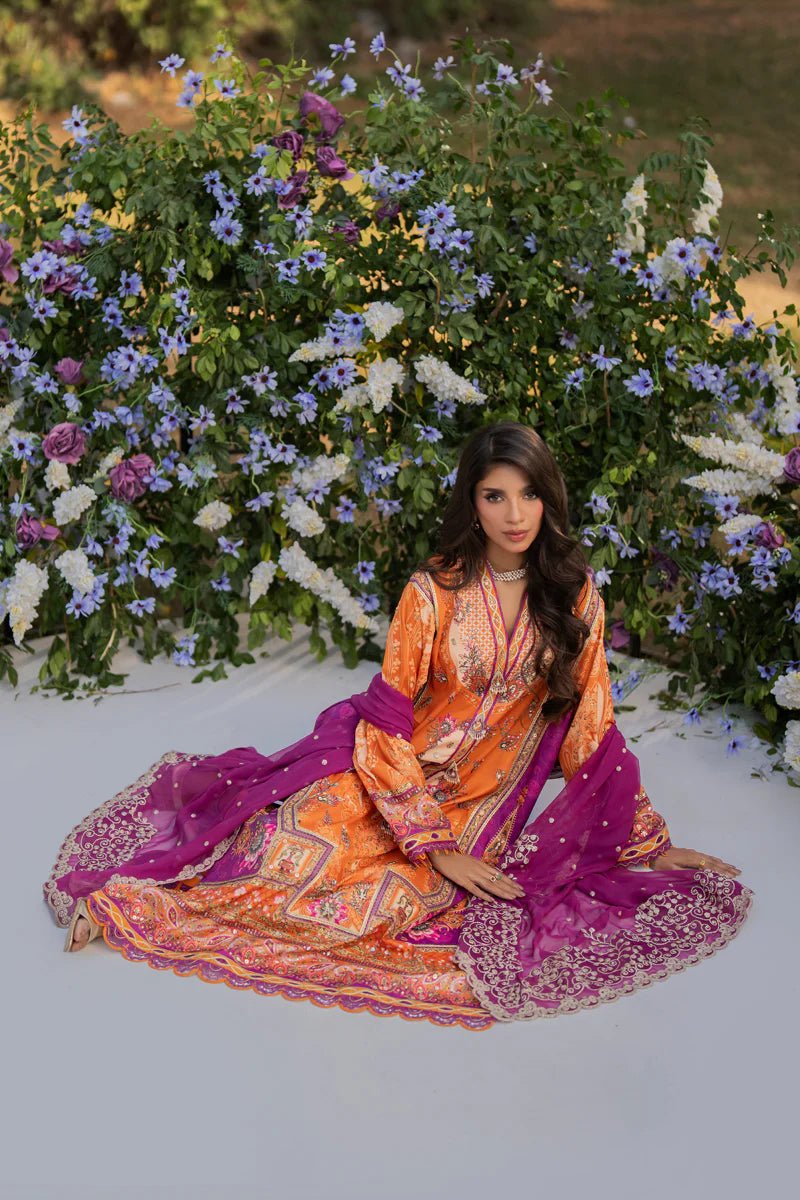 Model wearing UA - 03 ALMA from Qalamkar's Luxe Silk '24 collection, featuring a luxurious design. Pakistani clothes online in UK.