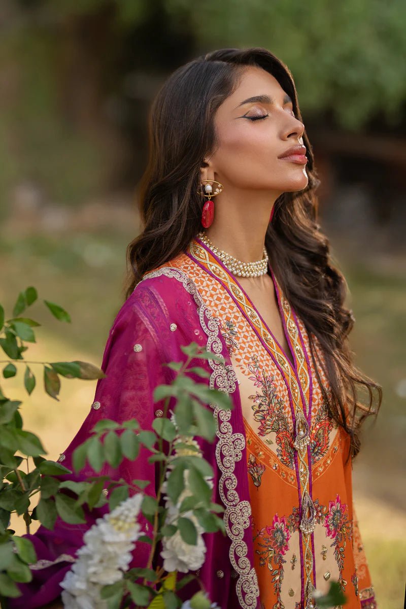 Model wearing UA - 03 ALMA from Qalamkar's Luxe Silk '24 collection, featuring a luxurious design. Pakistani clothes online in UK.